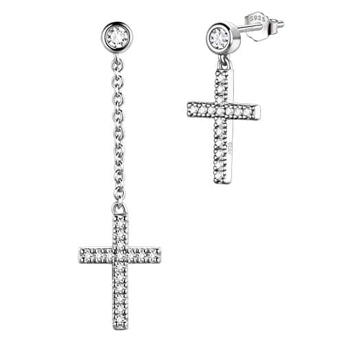 Mens Small Earrings Dangle,925 Sterling Silver Asymmetry Minimalist Drop Cross Earring Tiny Women/Men Silver Up-Side-Down Earrings Jewelry for Christmas Gift Birthday Gift