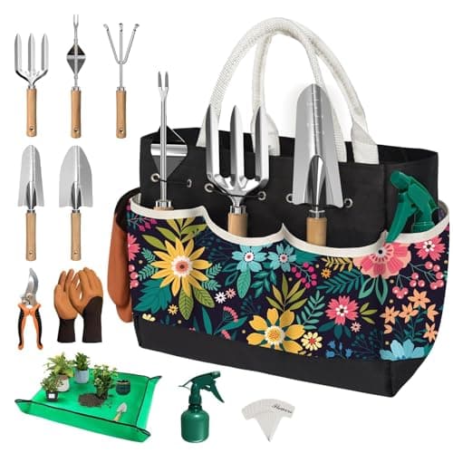 22Pcs Gardening Tools Set for Women Heavy Duty Garden Hand Tool Kit Birthday Gifts for Mom Her Wife Grandma Beginner Gardening Accessories with Tote BagShovelRepotting MatPlant LabelsGlovesBlack