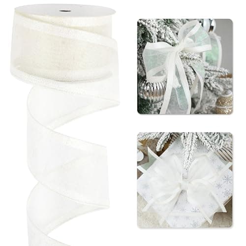 LIZLOVESS White Christmas Ribbon Wired 25 Inch Metallic White Wired Ribbon with Glitter Stripe Ribbon for Christmas Tree Wreaths Supplies Swag Garland Holiday Decor 10 Yards
