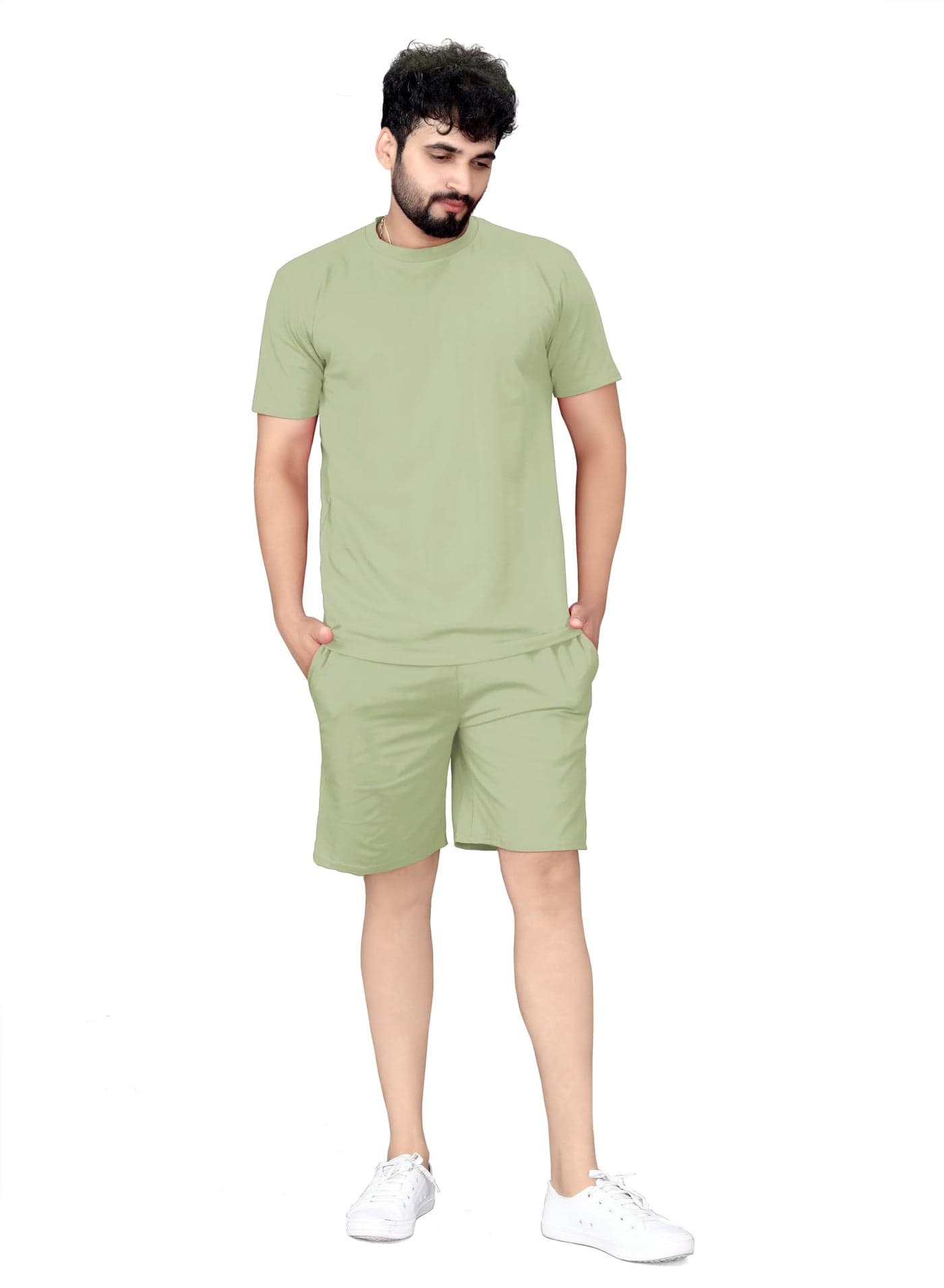 ELLITI Cotton Blend Casual Round Neck Half Sleeve Oversized Co-ord Set Men's, Pyjama Set, Sleepwear Loungewear T-Shirt and Shorts Combo for Men, Night Wear for Men, Night Suit for Men's(Pista, L)