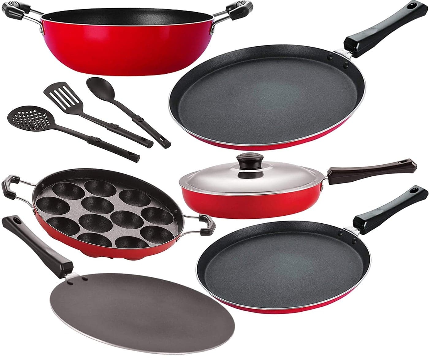 Nirlon Kitchen Accessories for Cooking Non Stick Aluminium cookware Set, 9 Piece,Red -2.6mm_FT13_CT_KD14_AP_FT11_FP12_3SPN