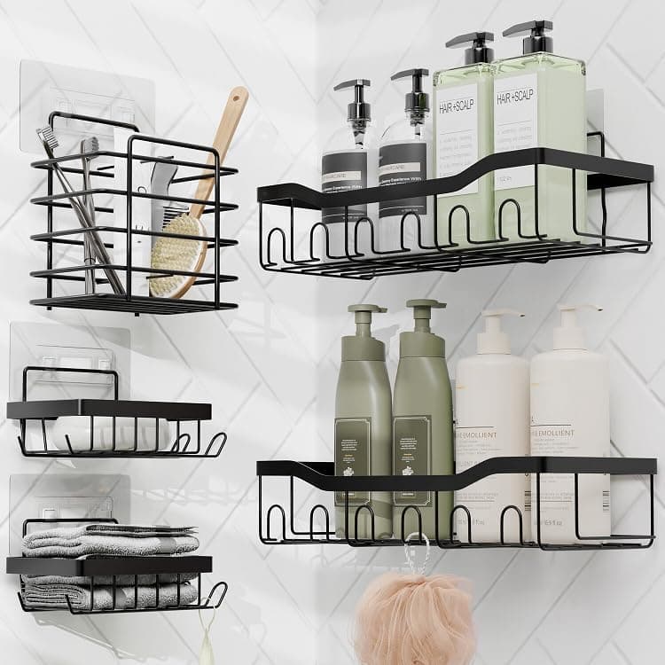 URBANMONK 5 Pcs Bathroom Organiser Without Drill |Bathroom Accessories Set | Bathroom Stand for wall Toothbrush, Soap and Shampoo Holder