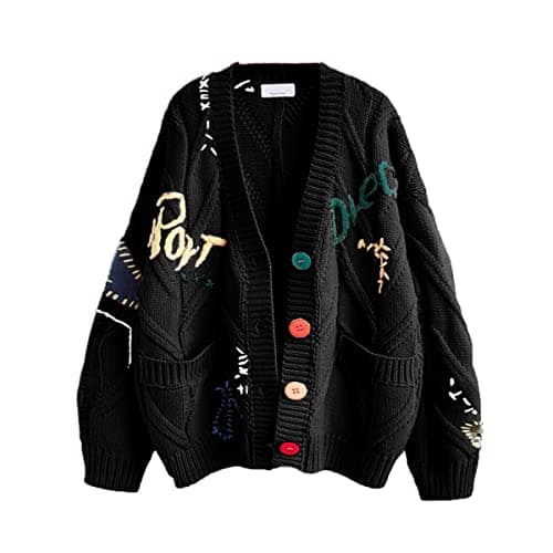 Women's Cable Knit Long Sleeve Open Front Cardigan Sheep V-Neck Button Down Embroidery Wool Blend Sweater Coat Outwear (M,Black)
