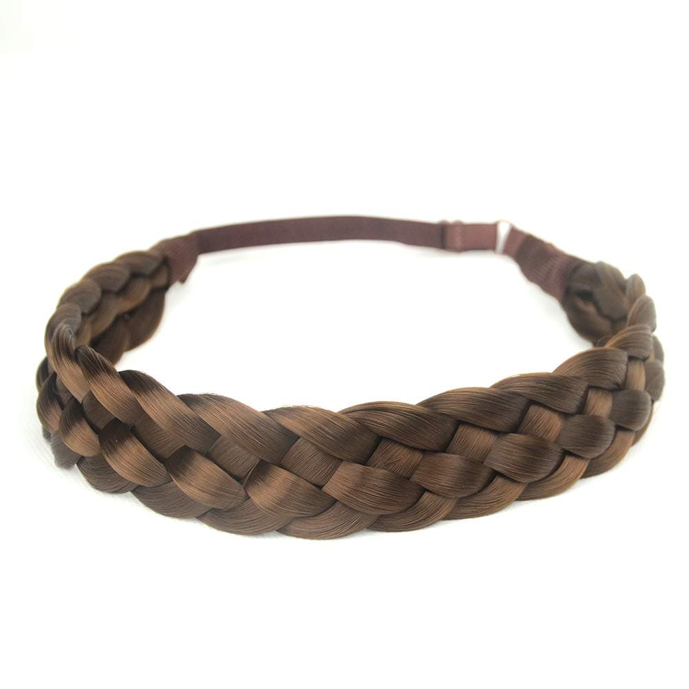 DIGUAN 5 Strands Synthetic Hair Braided Headband Classic Chunky Wide Plaited Braids Elastic Stretch Hairpiece Women Girl Beauty accessory 56g Medium Brown
