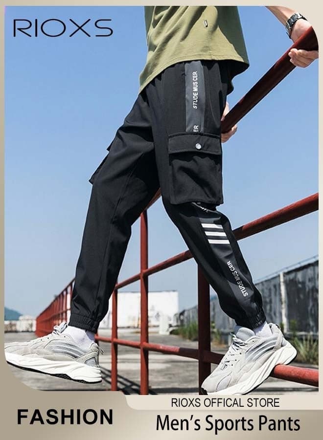 Men's Joggers Pants, Elastic Waist Drawstring Trousers, Comfy Lounge Jogger with Side Pockets, Athletic Lounge Pants with Ribbed Ankle Cuffs, Casual Sports Cargo Pants, Mens Punk Baggy Streetwear Pants, Breathable Long Pants for Hip Hop, Black Tactical Track Pants