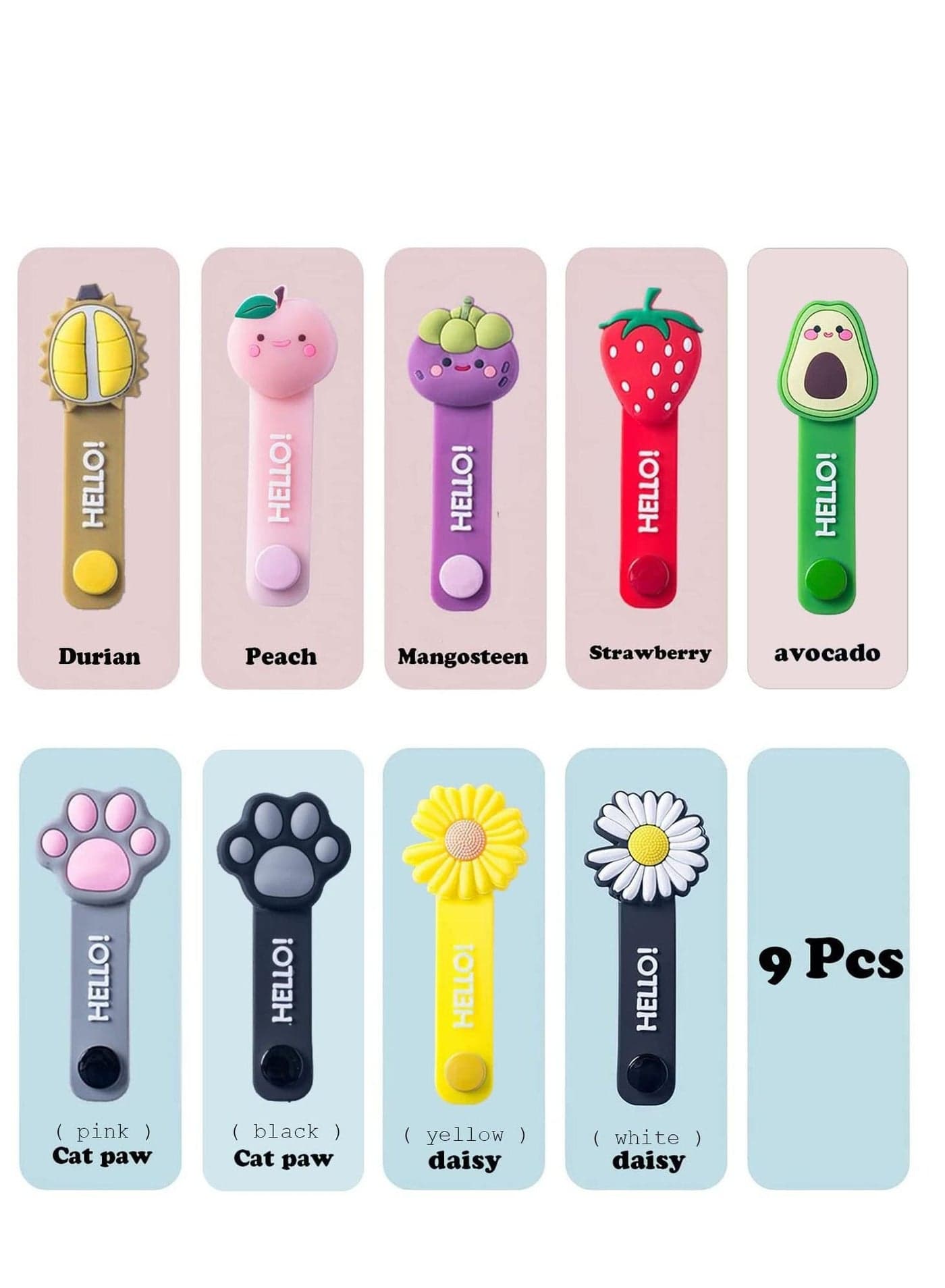 9 Pack Reusable Cable Ties, Cute Cartoon Animal Headphone Wire Fruit Shape Cord Winder, USB Manager Keeper Wrap Ties Straps