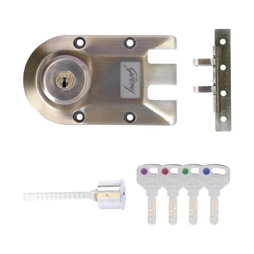 Godrej Rim Lock | Vertibolt Ultra XL+ Lock for Wooden Main Door | 2C Deadbolt | 14 Pin Cylinder | for Inside Opening/Double Door/Sliding Door | 4 Keys | 5 Yr Warranty |Manual Locking |Antique Brass