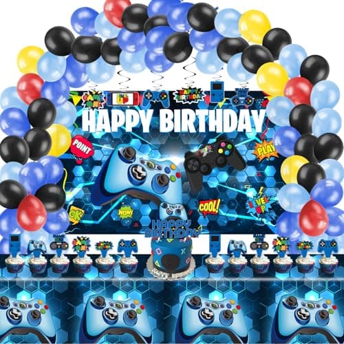 KimaruLZ Video Game Birthday Party Decorations 109Pcs Gamer Gaming Party Supplies For Boys Birthday Party Happy Backdrop Table Cover Hanging Swirls Cupcake Cake Topper Balloons