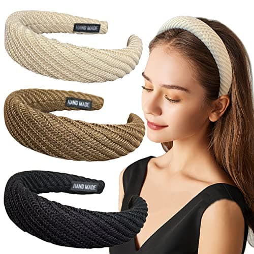 Springtime Set of 3 Knitted Padded Headbands for Women Girls 12 inch Wide Solid Color Hairbands Hair Hoops for hair Black Brown Ivory