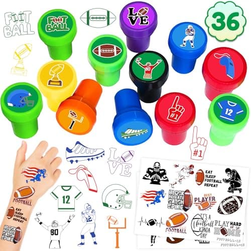 36PCS Football Party Favors 24PCS Temporary Tattoos 12PCS Stamps Ideal Sport Themed Birthday Card Decorations Supplies Goodie Bag Cute Rewards for Boy Girls Classroom Gifts Baby Shower Prizes