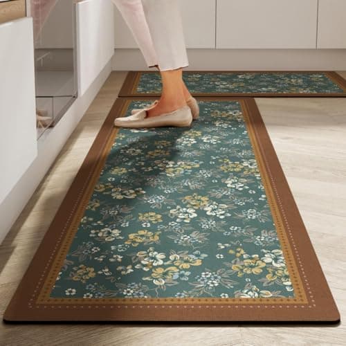 Yagzon 2 pcs Kitchen Mat for Floor, Floral Comfort Padded Standing Mat,Waterproof Memory Foam Kitchen Rugs, Non-Skid, Soft Absorbent Rugs for Kitchen, Laundry, and Hallway (118x38cm, 58x38cm)