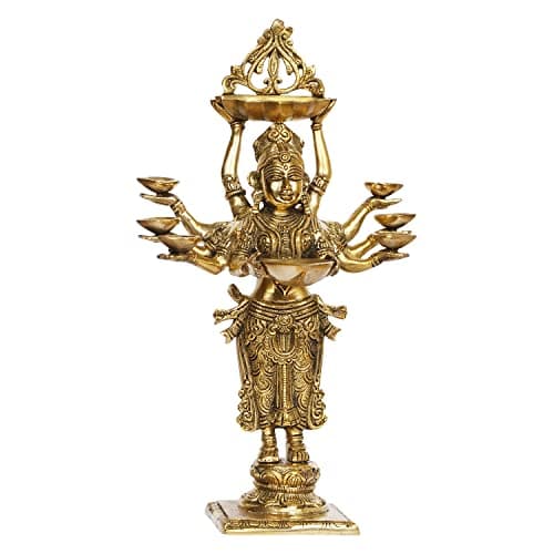 Kartique Brass Standing Lady with Eight Diya for Home Entrance Decor Puja Room Meenakshi Devi Holding Oil Lamp Deep Laxmi Deepak Deepam Diwali Gift Height 15 Inch Gold Color