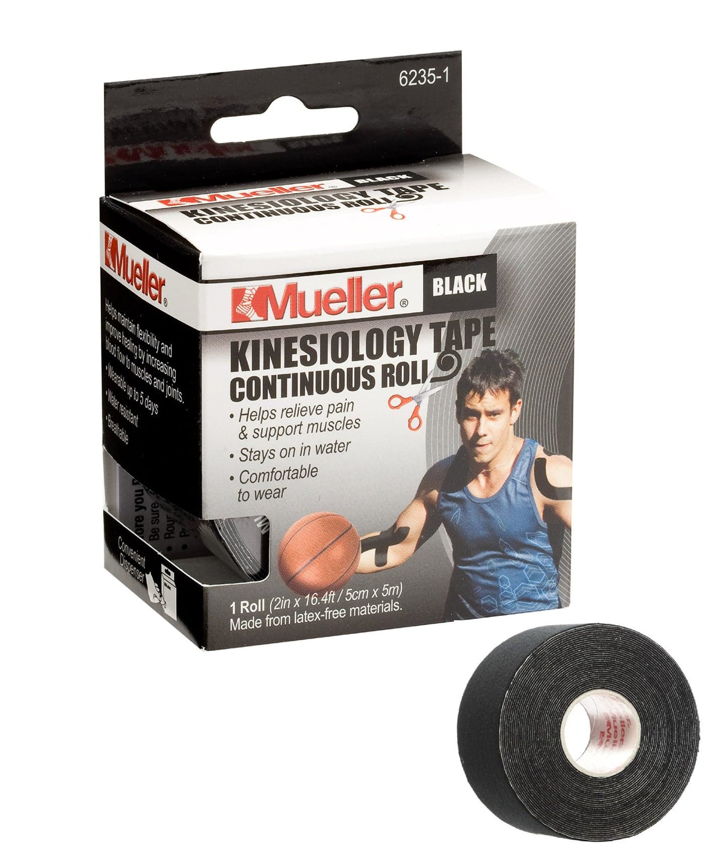 MUELLER Sports Medicine Kinesiology Tape Quality Therapeutic Athletic Tape Continuous Roll Latex Free 2 x 164 Feet Black