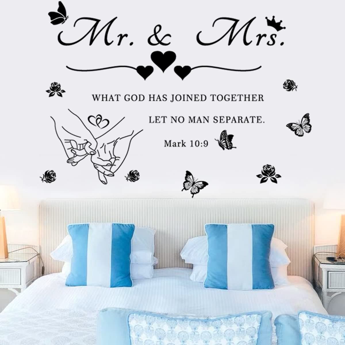 Mr and Mrs Wall Decals Wall Art Sticker Peel and Stick Wedding Sayings Art Lettering Stickers Hands with Hearts Romantic Wall Decor Wedding Anniversary Decor Bedroom Living Room Home Decor