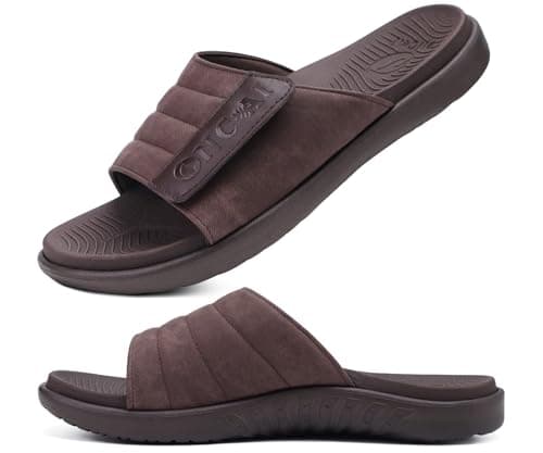 ONCAI Mens Sandals Adjustable Straps Orthotic Plantar Fasciitis Open Toe Athletic Sport Slides with Soft Comfy Arch Support Footbed Brown Size 12