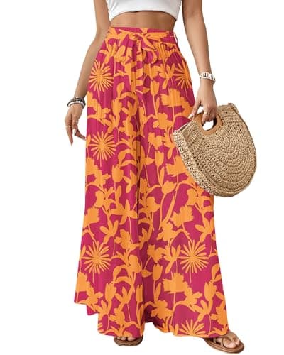 Bsubseach Wide Leg Pants Woman Flowy Floral Palazzo Pants for Women High Waisted Summer Casual Trousers Cruise Outfits Orange and Red XL