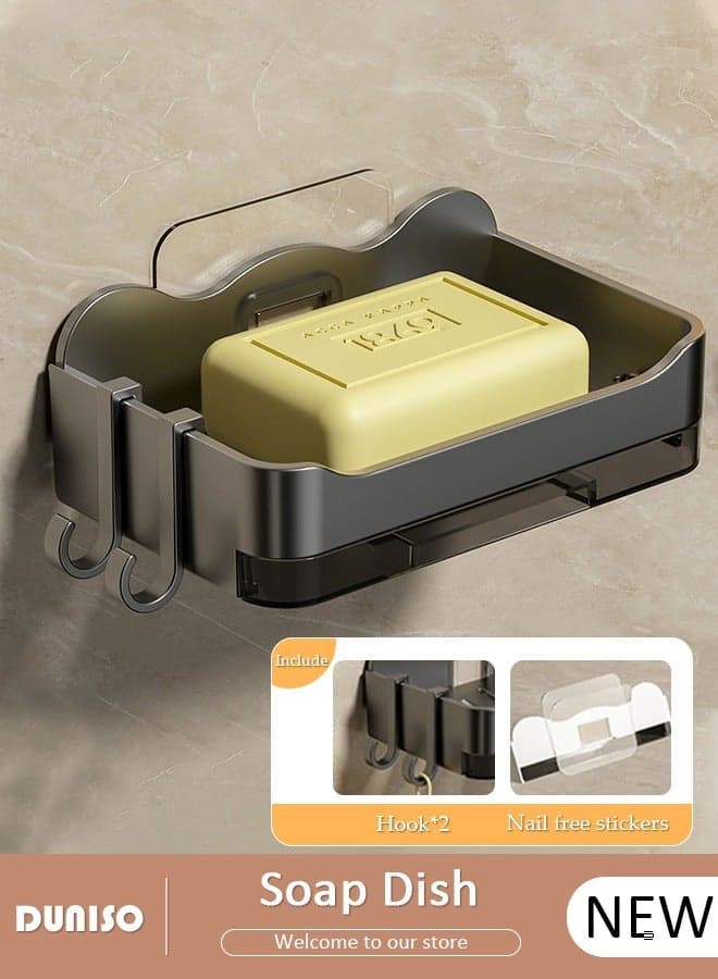 Self Draining Soap Dish, Wall Mounted Soap Tray for Bathroom Tile, Open-Type Bar Soap Holder with Hook and Water storage tray, Self-Adhesive Soap Bar Container, Soap Saver for Shower, Bathroom, Kitchen