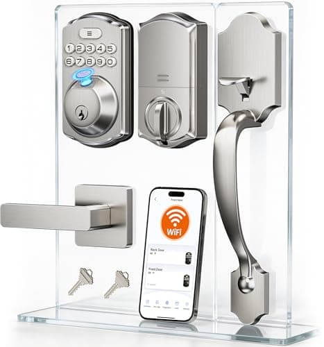 Veise VE012W-H WiFi Smart Front Door Lock Set, Built-in WiFi, App Remote & Voice Control, Fingerprint Keyless Entry Smart deadbolt with Handle, Backlit Keypad, Auto Lock, IP55 Waterproof, Satin Nickel