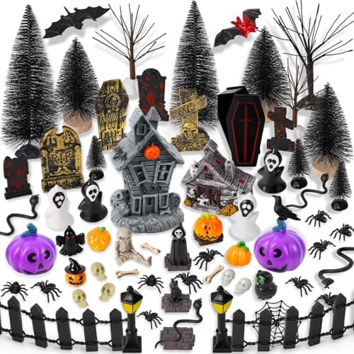 88 PCS Halloween Village Accessories Set Halloween Haunted Houses Village Miniatures Ornaments with Pumpkins Ghost Tombstones Tree Fake Spiders Fence Streetlamp Figurines for Party Home Table Decor