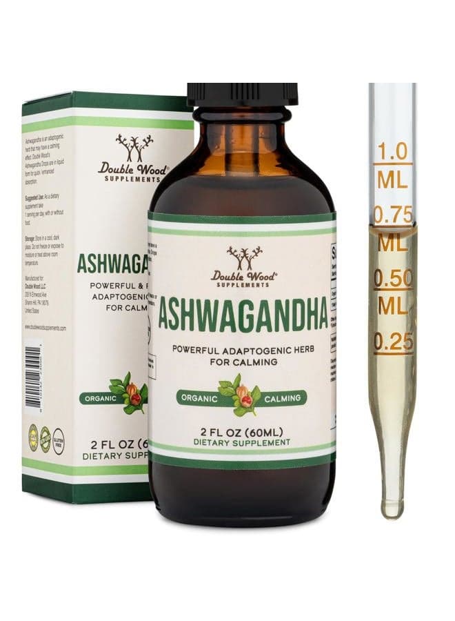 Ashwagandha Organic Drops for Stress Relief (1,200mg, 60 Servings) Ashwagandha Tincture for Adrenal Support and Cortisol Manager (Vegan Safe, Gluten Free, Non-GMO) by Double Wood