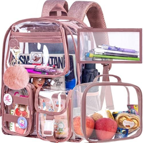 Clear Backpack for Girls Women Heavy Duty PVC Transparent Bookbag Cute See Through School Bags for Teens Elementary Pink