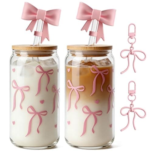 Mason Life 2Pack Bow Glass Cup 18 OZ with Designs, Pink Bow Cup for Preppy Stuff, Cute Tumbler with Straw Cover & Keychain for Women Teen Girls Iced Coffee, Matcha and Smoothies