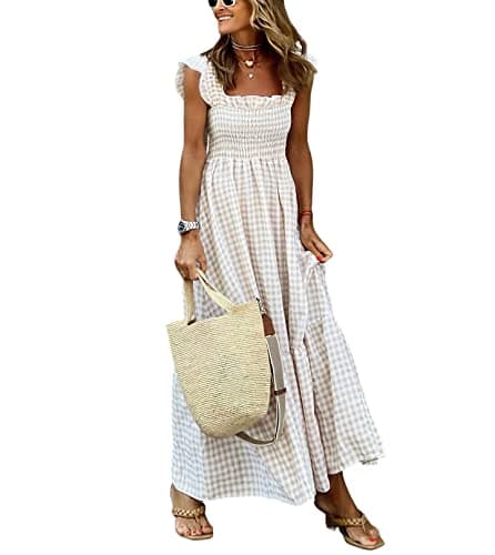chouyatou Women's Retro Plaid Smocked Dress Spaghetti Strap Flounce Long Dress (XX-Large, Khaki)