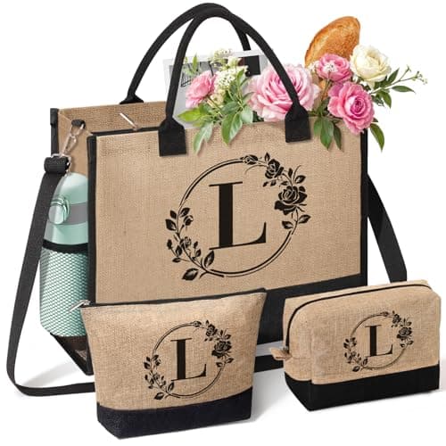 Personalized Gifts for Women Initial Jute Tote Bag Beach Bag Makeup Bag Monogrammed Birthday Gifts Tote Bag for Mom Women Her