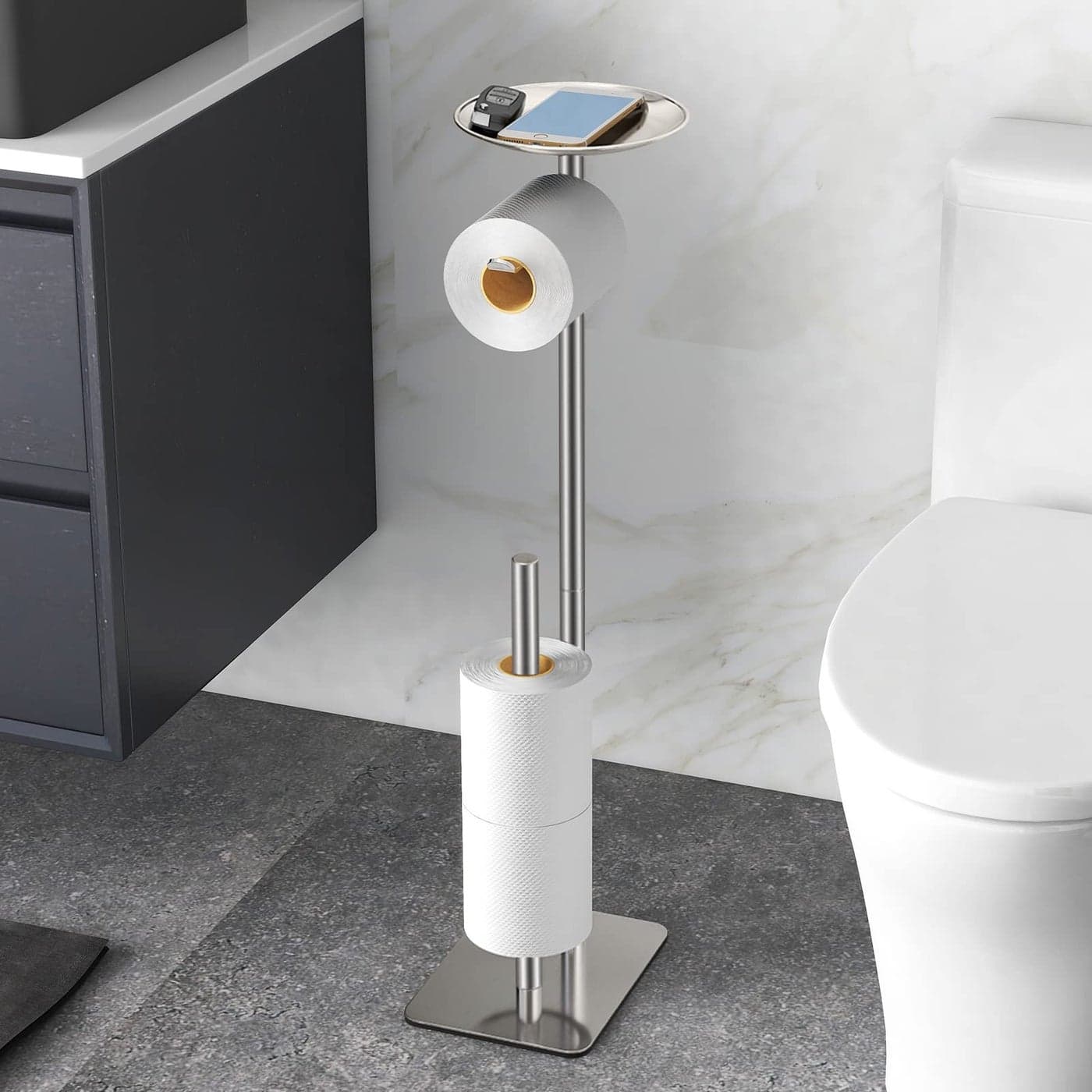 FEILERN Toilet Paper Holder Stand for Bathroom Floor Standing Toilet Roll Dispenser Storages 4 Reserve Rolls with Top Storage Shelf for Cell Phones Wipe Wallet and MoreBrush Nickel