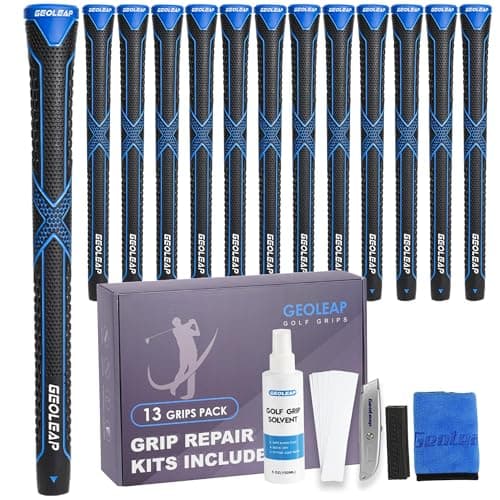 Geoleap Golf Grips 13 Pack with Complete Regripping Kit -Reduced Taper & Triple Texture Non-Slip Design Golf Club Grips, High Shock-Absorbing Soft Feel Golf Grips for Men and women. (Black blue, Midsize)