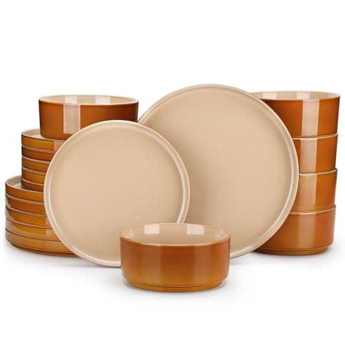 vancasso ONION Ceramic Plates and Bowls Sets, 18 Pieces Brown Dinnerware Sets for Kitchen, Reactive Glaze Dishes Set for 6, Dishwasher and Microwave Safe