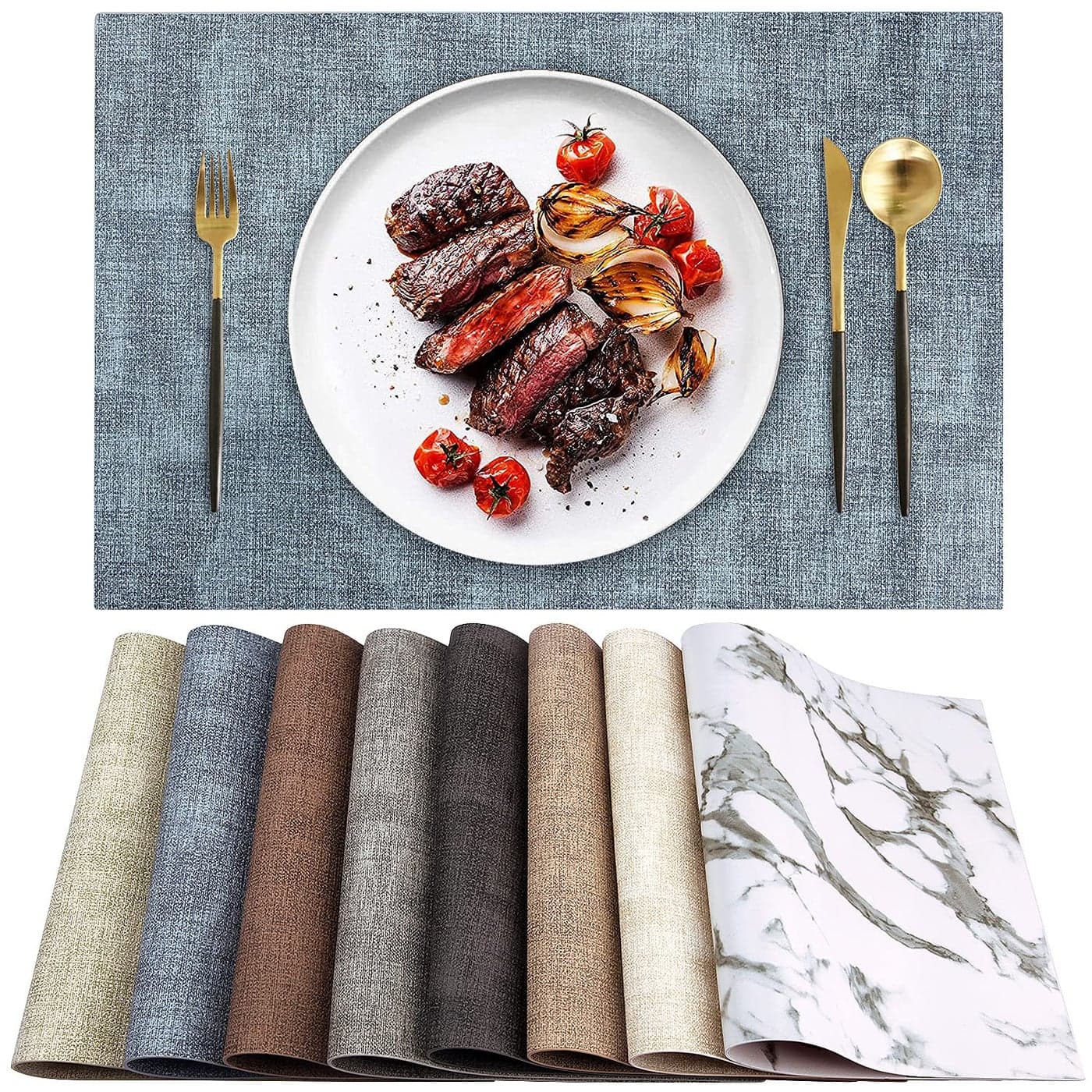 LANDVIEW Leather Heat Resistant Placemats Set of 6 Waterproof Wipeable Washable PU Table MatsEasy to Clean AntiSlip Place Mats Blue 6