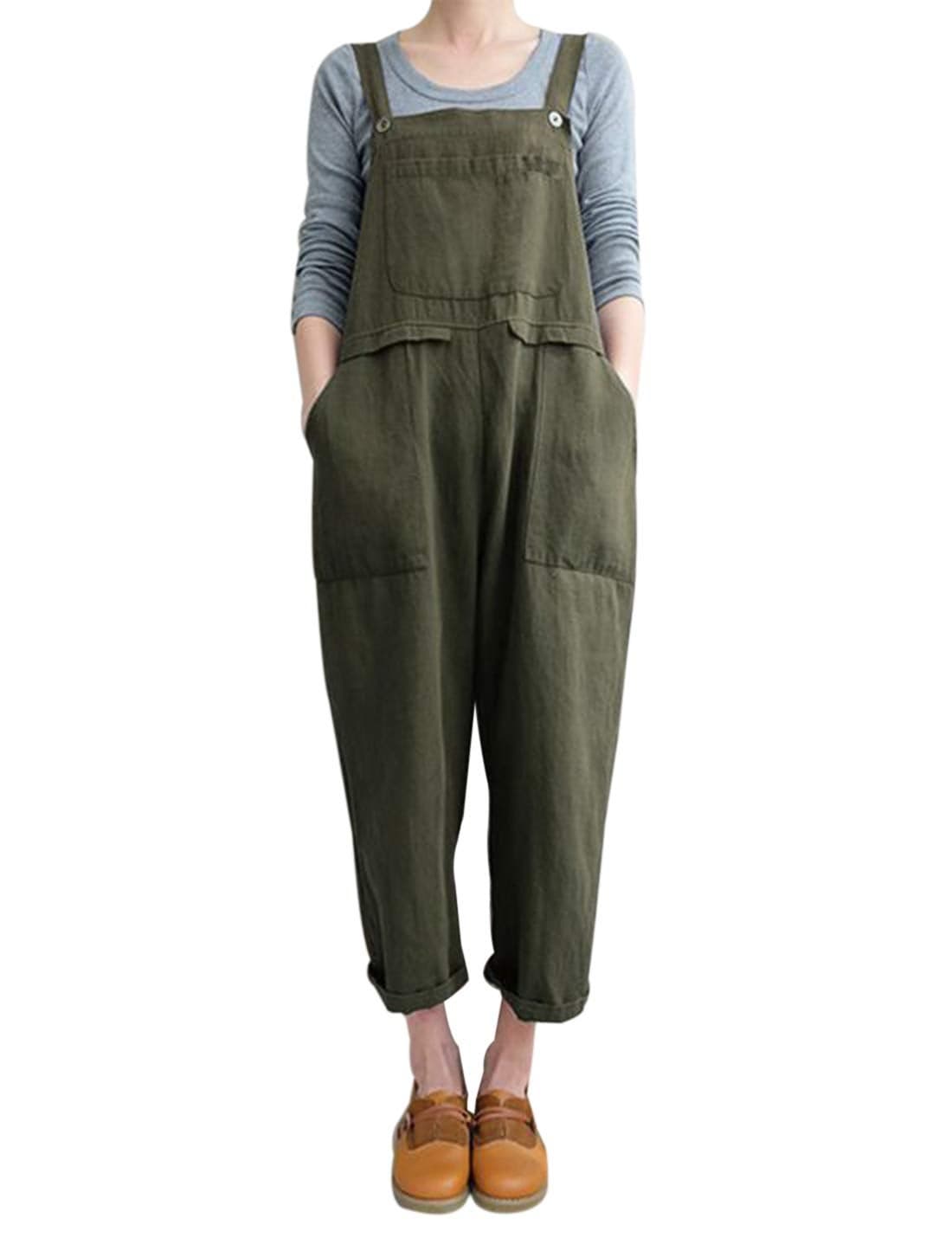 Gihuo Women's Linen Overalls Loose Fit Baggy Bib Overalls Wide Leg Jumpsuit(Army Green, Medium)