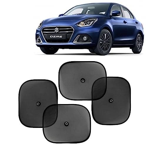 KINGSWAY Car Window Curtain Sticky Sun Shades Compatible with Maruti Suzuki Swift Dzire, (Year 2020 Onwards), Universal Fit Sunshades for Side Window, Rear Window, Black Color, 4 Pieces