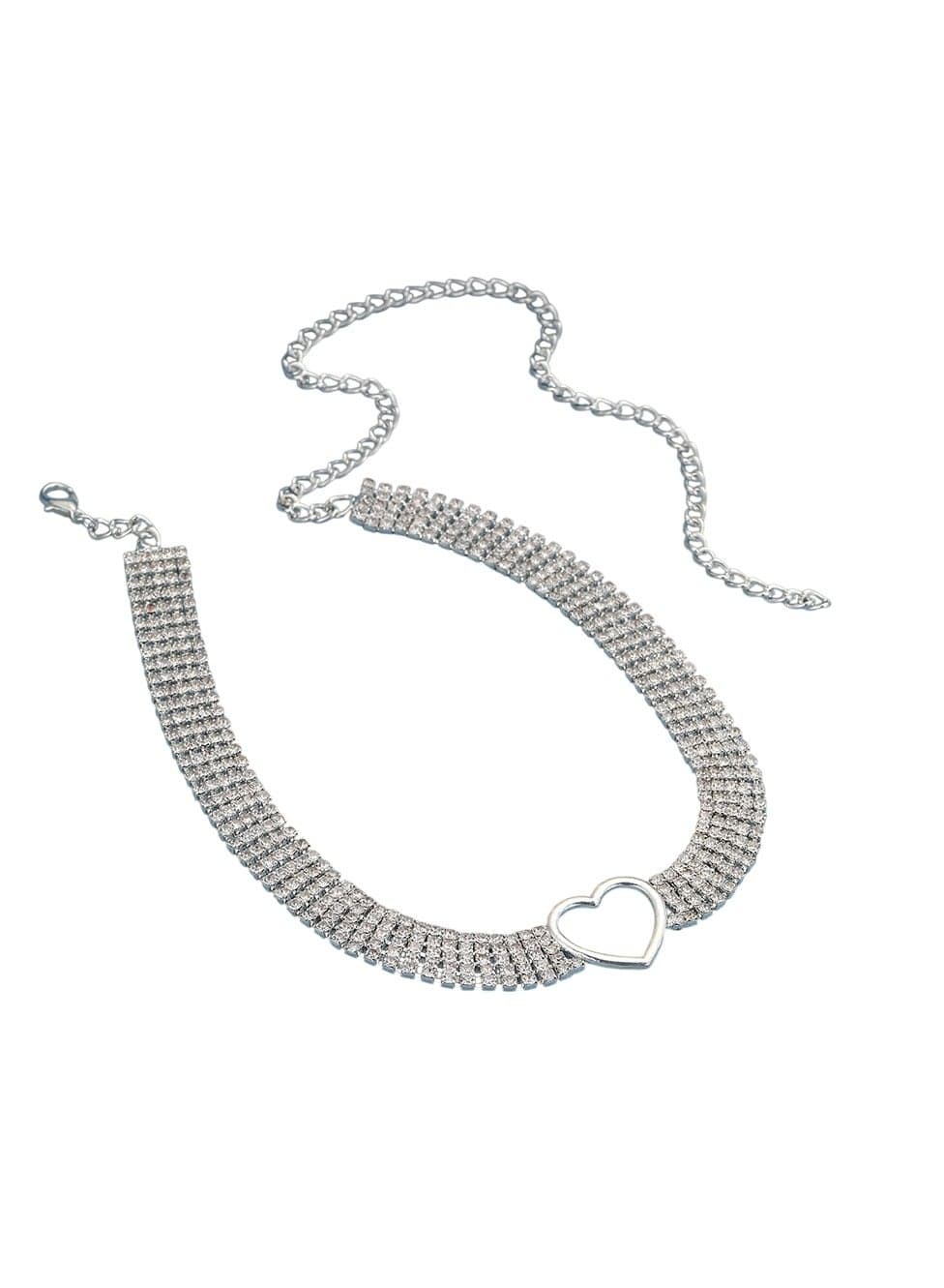 Rhinestone Choker Necklace with Heart Pendant Silver Alloy, 33cm + 26.6cm