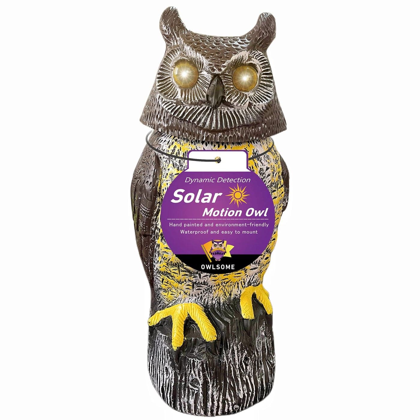 Owlsome Solar Owl with Glowing Eyes Rotating Head Hoot Sound Motion Detector and Silent Mode Plastic Owl Garden Sculpture Garden Decoration