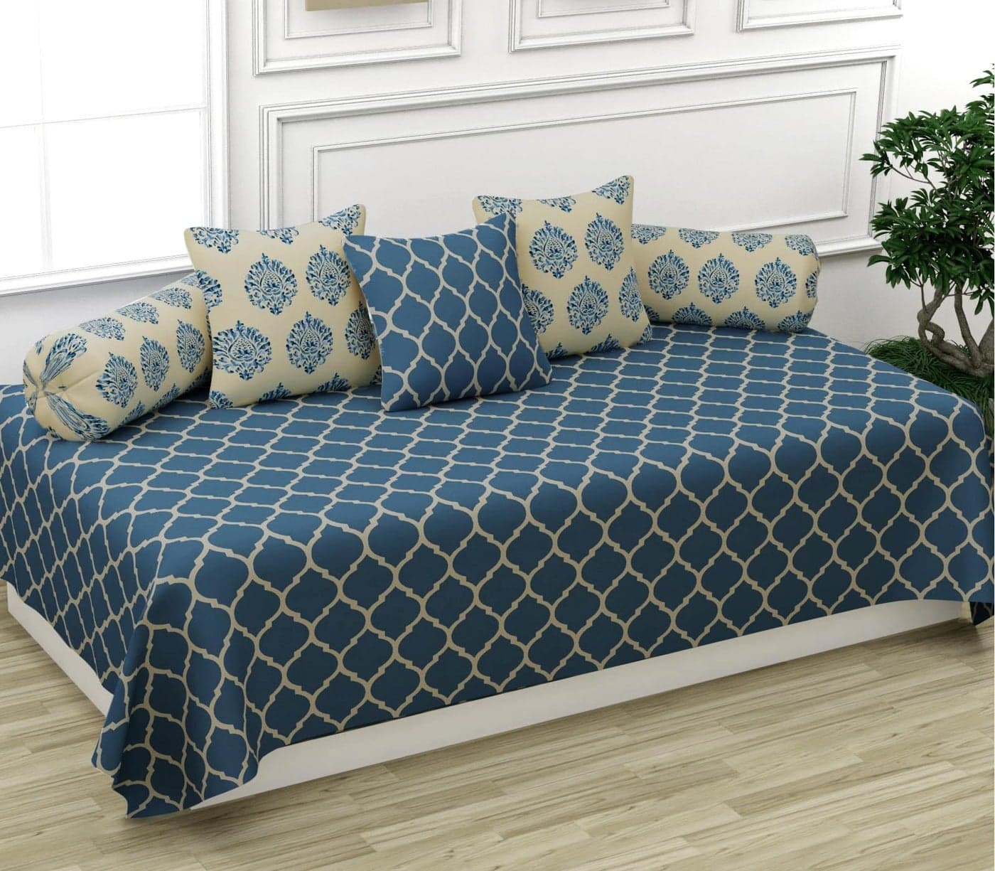 Trance Home Linen 200TC Diwan Set 100% Cotton 6 Pcs | Deewan Printed Bedsheet Set for Living Room Hall (1-Bed Sheet 54x88 Inch | 2-Bolster Cover 16x32 Inch | 3-Cushion Cover 16x16 Inch) - Dori Blue