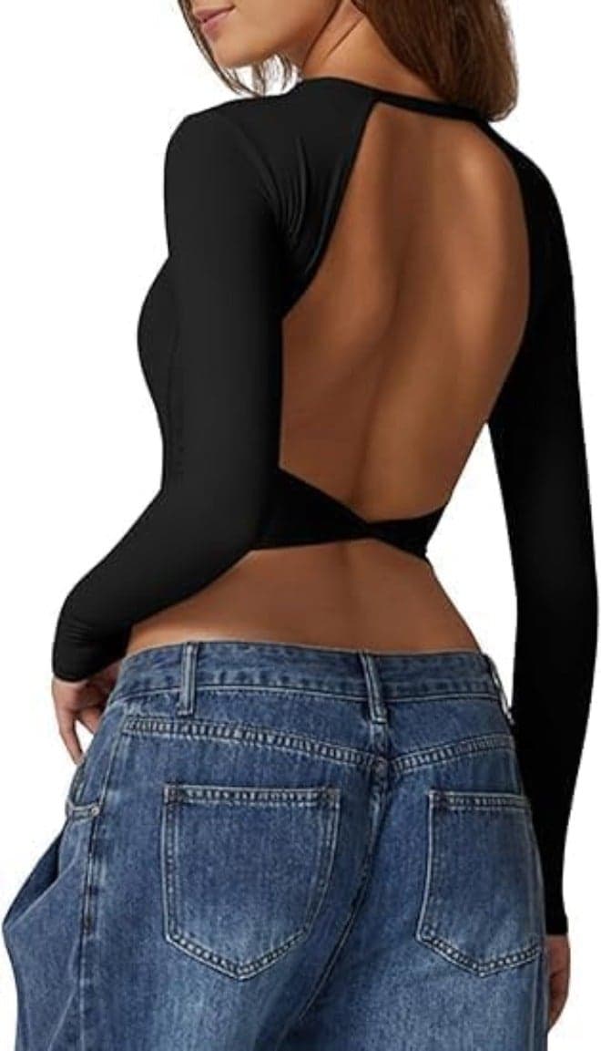 Women's Crew Neck Open Back Long Sleeve Basic Crop Tops Stretch Backless Going Out Tee Shirt