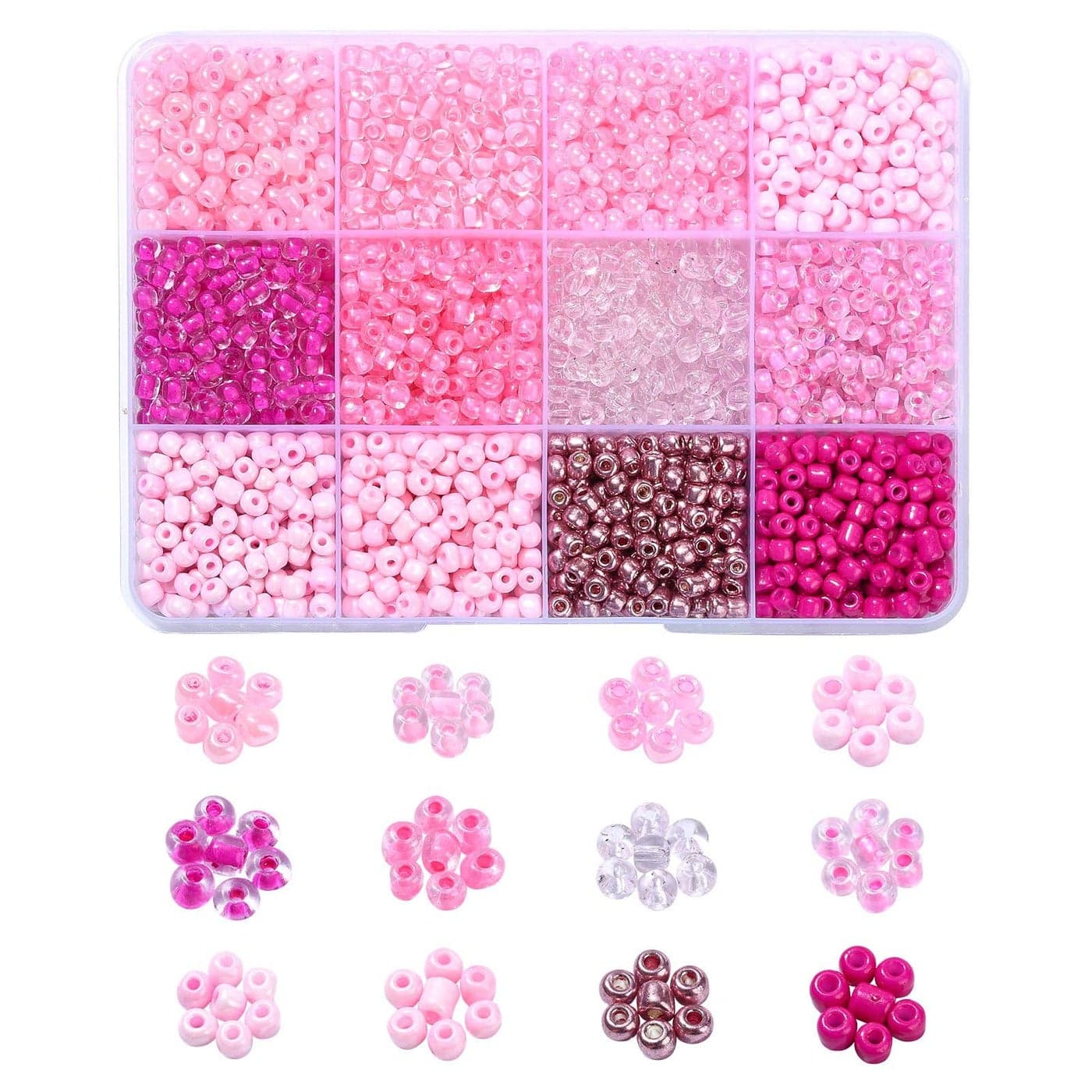UR URLIFEHALL 1800 Pcs 12 Colours Round Glass Seed Beads Pink Mini Beads Loose Beads for Bracelet Necklace Embroidery Jewellery Craft Making