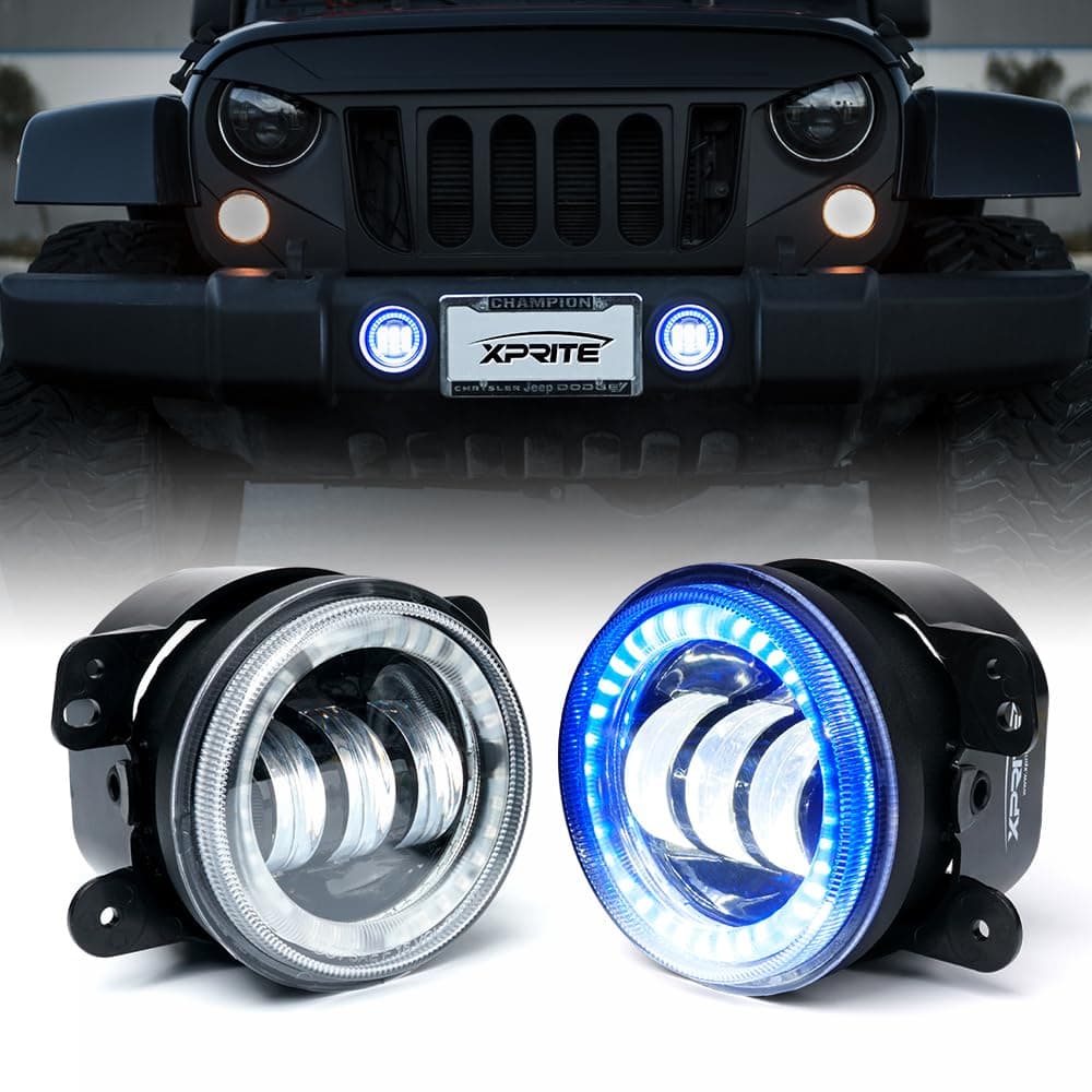 Xprite 4 Inch Fog Lights 60W LED Foglight with Blue Halo Ring Angle Eye DRL Compatible with 20072018 Jeep Wrangler JK Off Road DOT Approved Front Bumper Replacements Fog Lamps