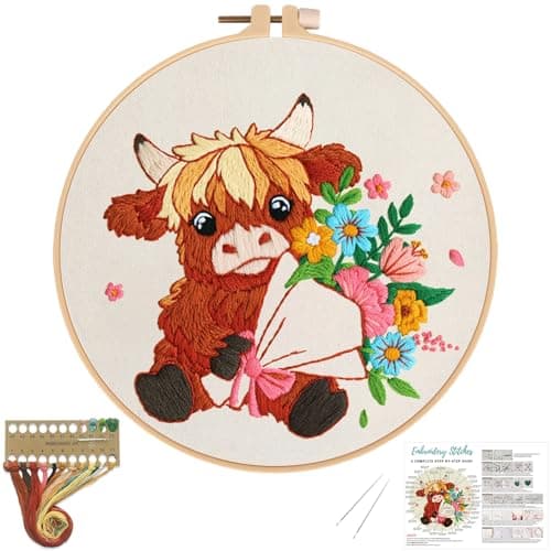 Nuberlic Highland Cow Embroidery Kits for Beginners with Flowers Pattern DIY Cross Stitch Starter Kits for Adults Including Cloth with Pattern Hoop Needles Instruction and Threads