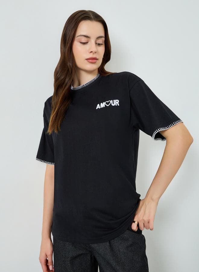 Women Black Oversized Embroidered T-Shirt — XL