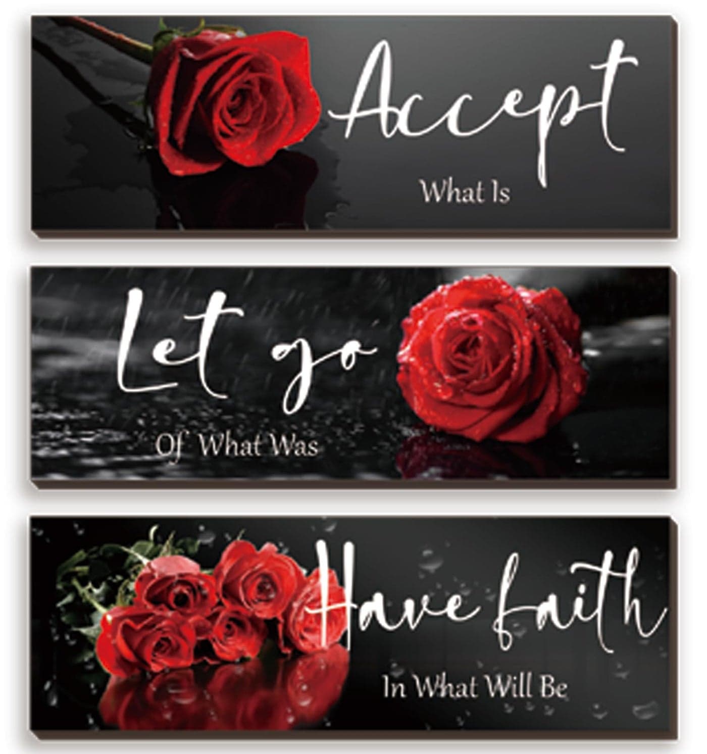 3 Pcs Red Decor Flower Inspirational Wooden Wall Art Red Roses Office Wall Decor with Accept Let Go Have Faith Positive Quotes for Girl Women Bathroom Living Room BedroomRed Rose12 x 4 Inch