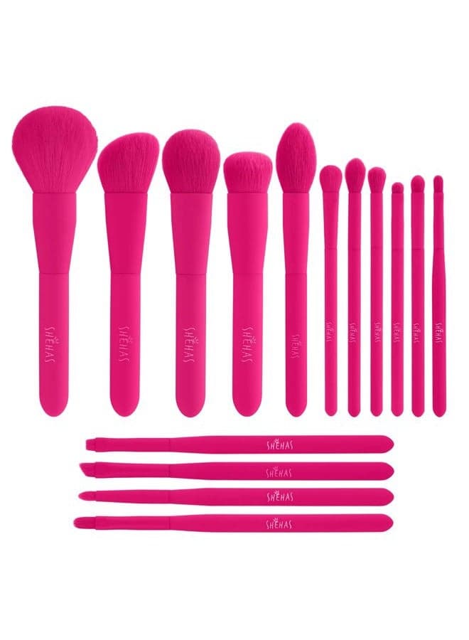 Makeup Brush Set, 15 Piece Quality Makeup Brushes, Premium Synthetic Make Up Brushes for Foundation Powder Blush Highlighter Concealer Makeup Brush Kit for Travel, Hot Pink