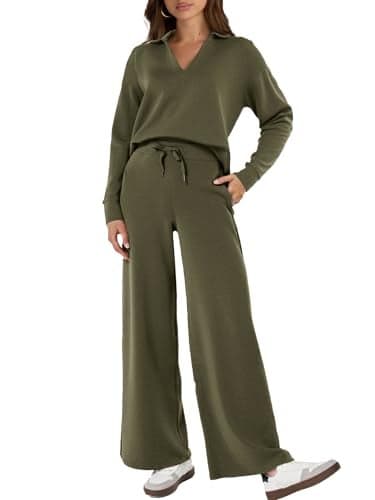 Glamaker Fall Outfits For Women 2024 Long Sleeve Two Piece Sets V Neck Lounge Sets 2 Piece Sweat Set (Army Green XL)