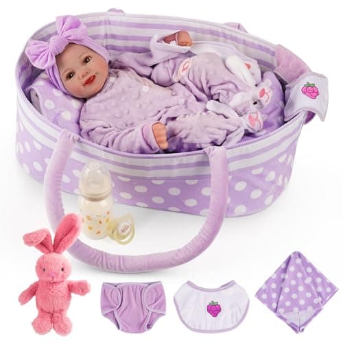 BABESIDE Lifelike Reborn Baby Dolls with Bassinet 17 Inch Soft Body Realistic Newborn Real Life Girl Baby Dolls Soft Vinyl and Cloth Body with Basket Feeding Kit Gift Box for Kids Age 3