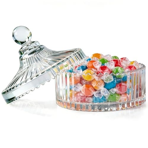 ComSaf 14fl.oz Crystal Glass Candy Dish with Lid – Decorative Covered Candy Jar for Office Desk, Coffee Table, Vanity, Living Room & Bathroom | for Easter, Weddings, Holidays & Parties