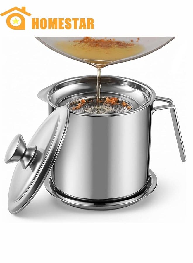 Oil Strainer Pot Grease Can 1.4L, Stainless Steel Oil Storage Can Bacon Grease Container For Kitchen Container With Fine Mesh Strainer Dust-Proof Lid For Storing Frying Oil And Cooking Grease
