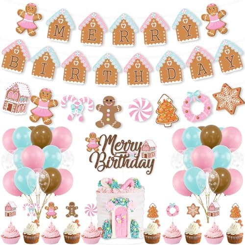 K KUMEED Christmas Birthday Decorations Pink Gingerbread Man Merry Birthday Theme Banner Candy House Cake Topper Latex Balloons for Boys Girls Parties
