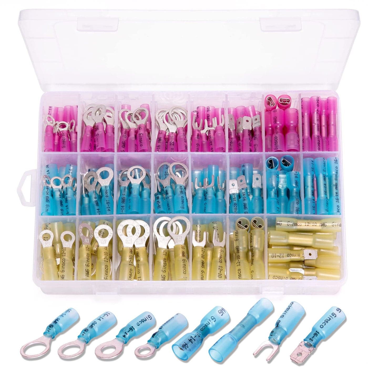 Ginsco 250Pcs Waterproof Heat Shrink Wire Connectors Kit Marine Automotive Electrical Connectors Crimp Terminal Set for Electrical Wiring Fork Spade Ring Butt Connector Assortment